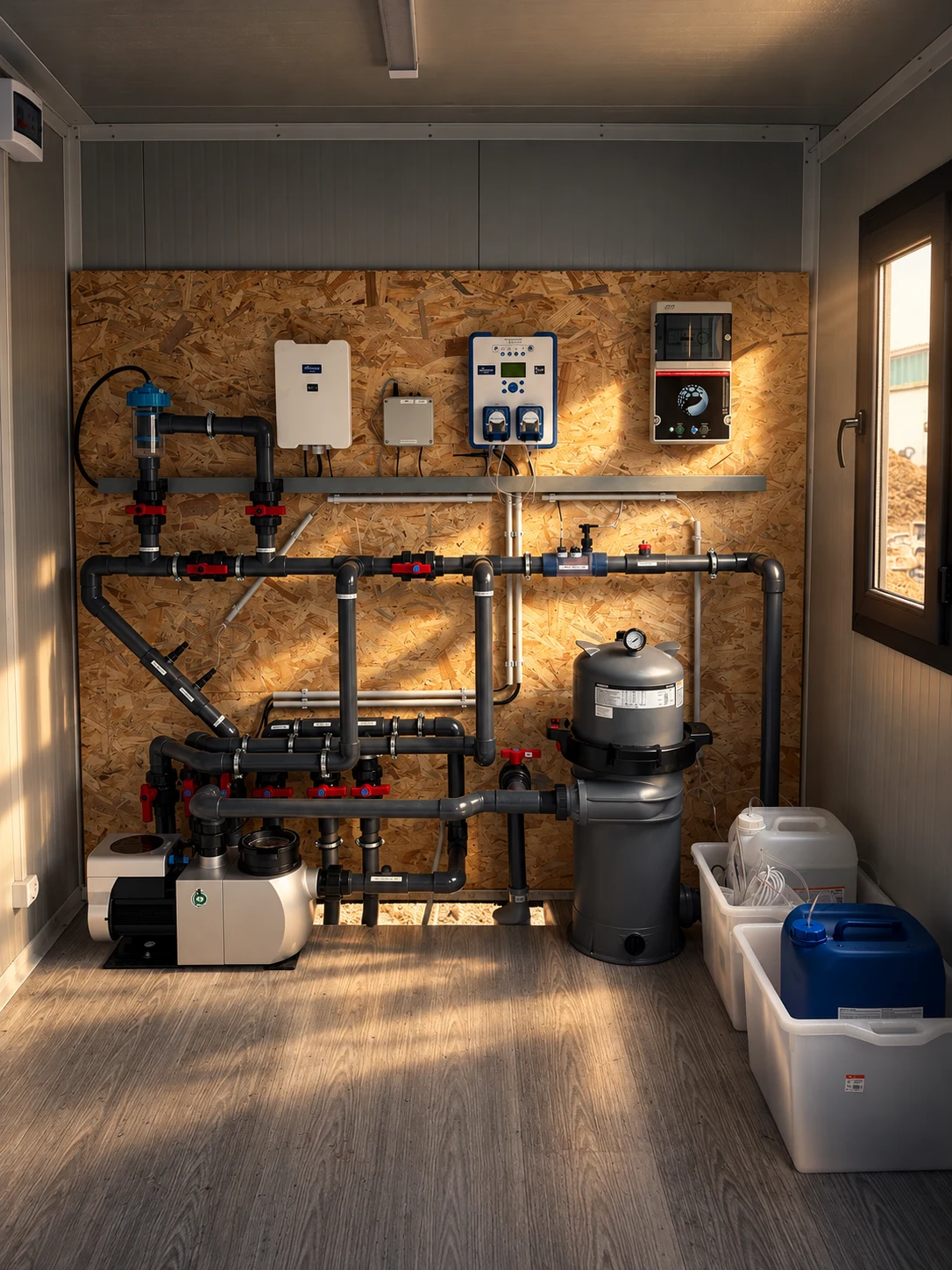 Technikraum für einen 8 × 4 Meter großen Pool mit Kartuschenfilter, variabler Umwälzpumpe, Hybrid-Dosieranlage und Wärmepumpen-Bypass